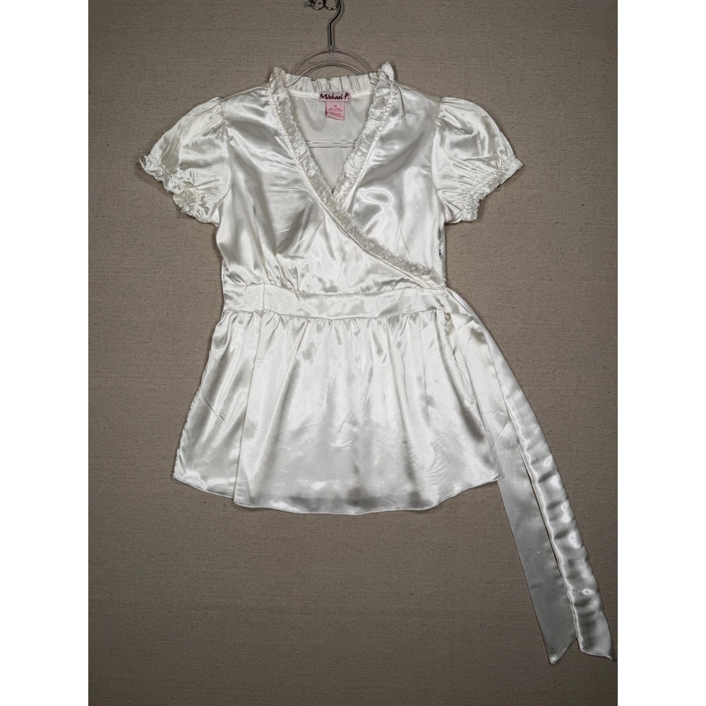 Michael P. Ivory Satin Wrap Blouse Short Puff Sleeve Ruffle V-Neck Top Medium